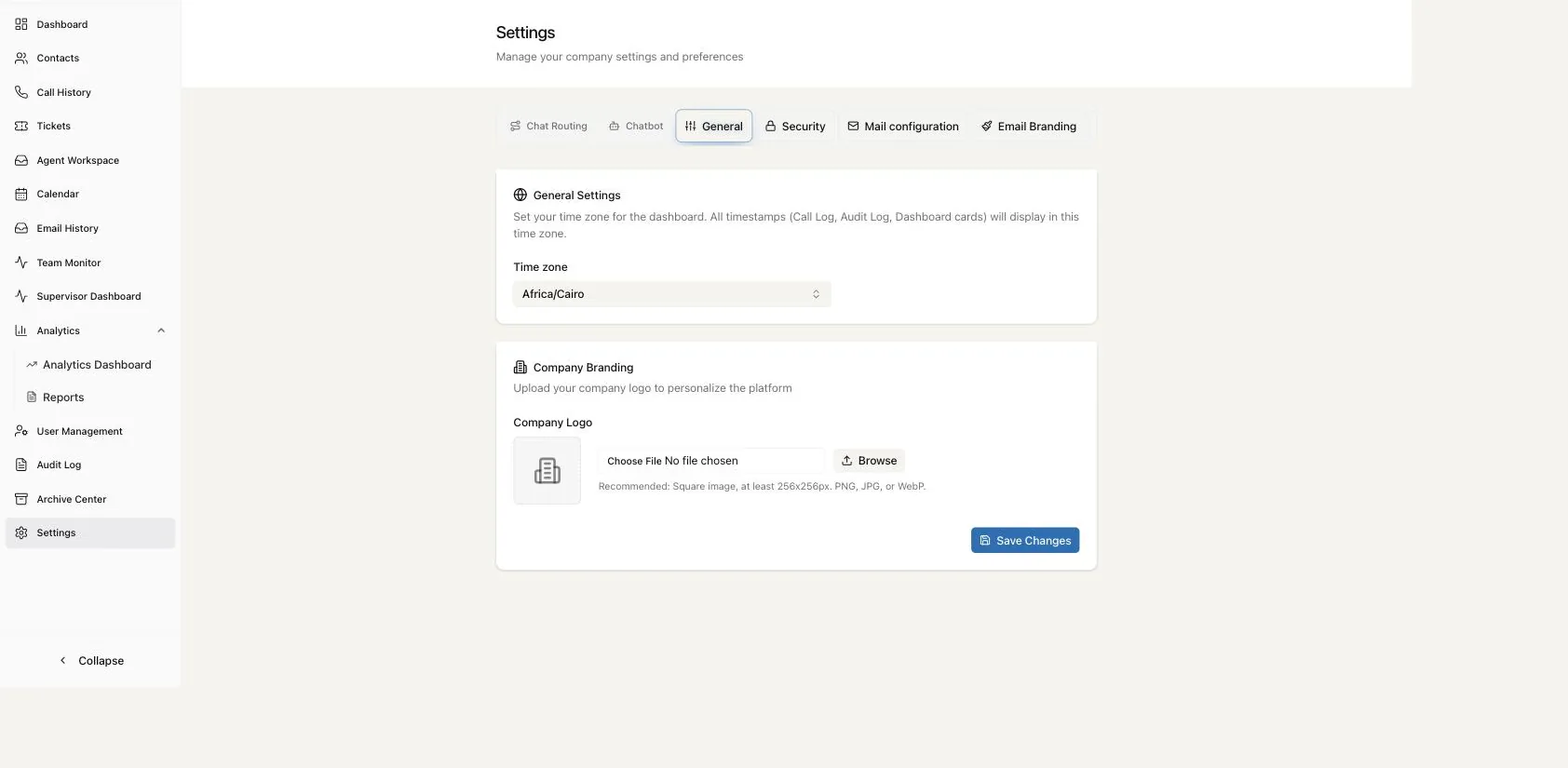 Company branding settings — tenant logo upload